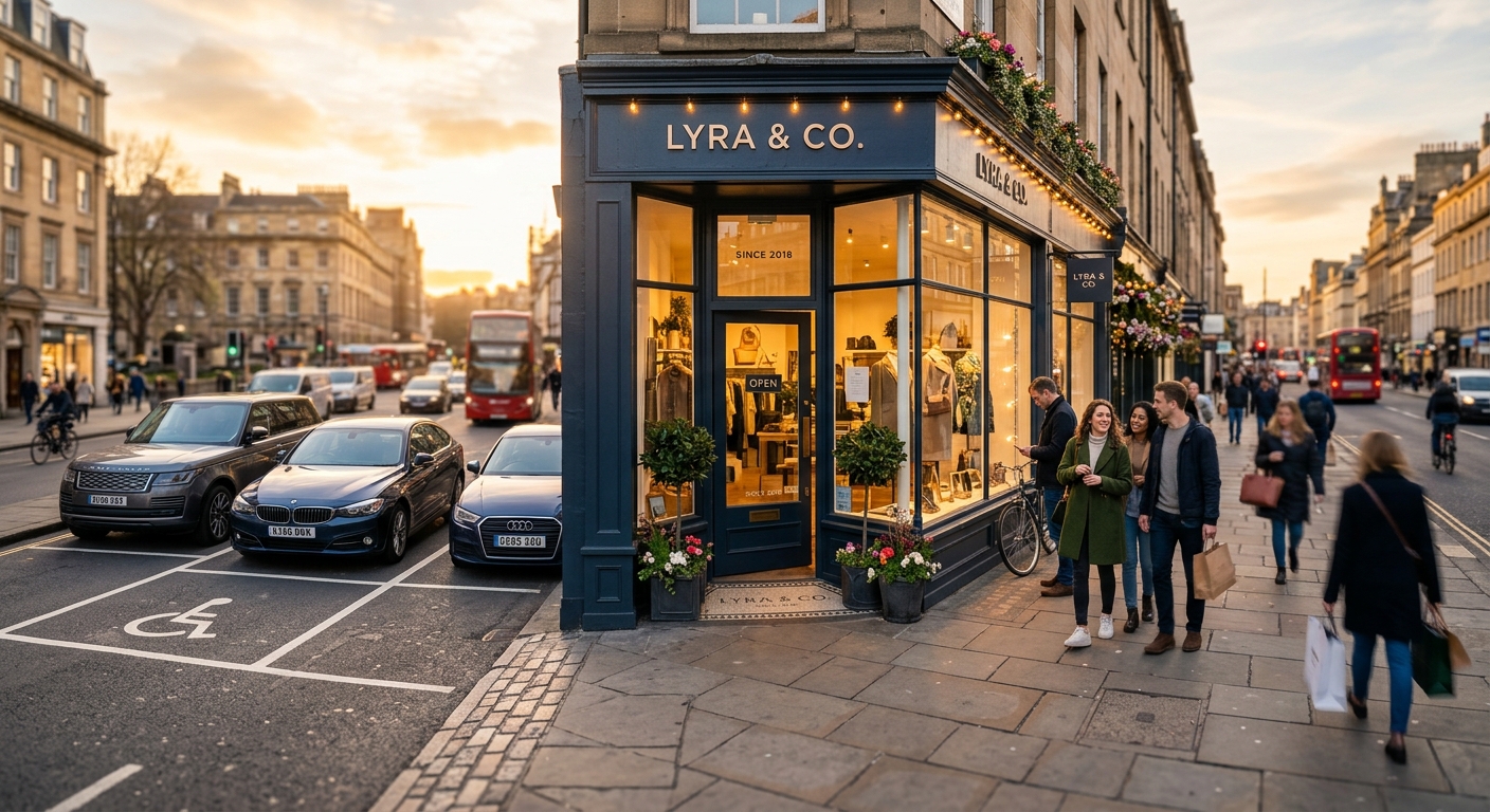חנות אופנה פינתית LYRA & CO ברחוב עירוני שוקק, הולכי רגל עם שקיות קניות ותנועת רכבים ואוטובוסים בשעת שקיעה